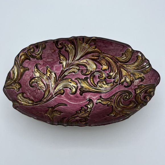 Goofus Reverse Glass Candy Dish Nut Bowl Serving Plate Purple Gold Vintage Decor - Picture 2 of 13